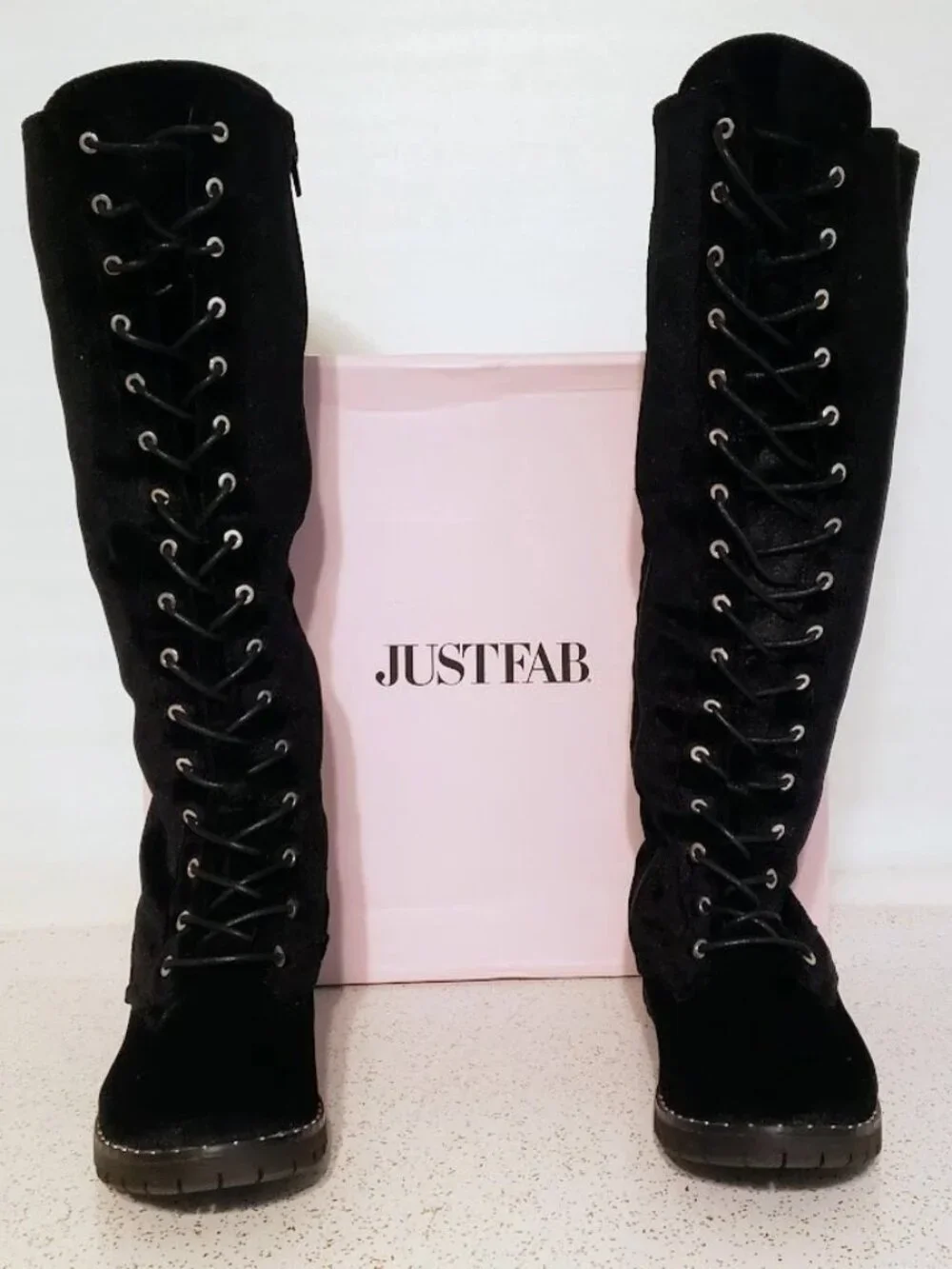JustFab Ramona Black Velvet Tall Knee High Lace Up Combat Boots Women's Size 8